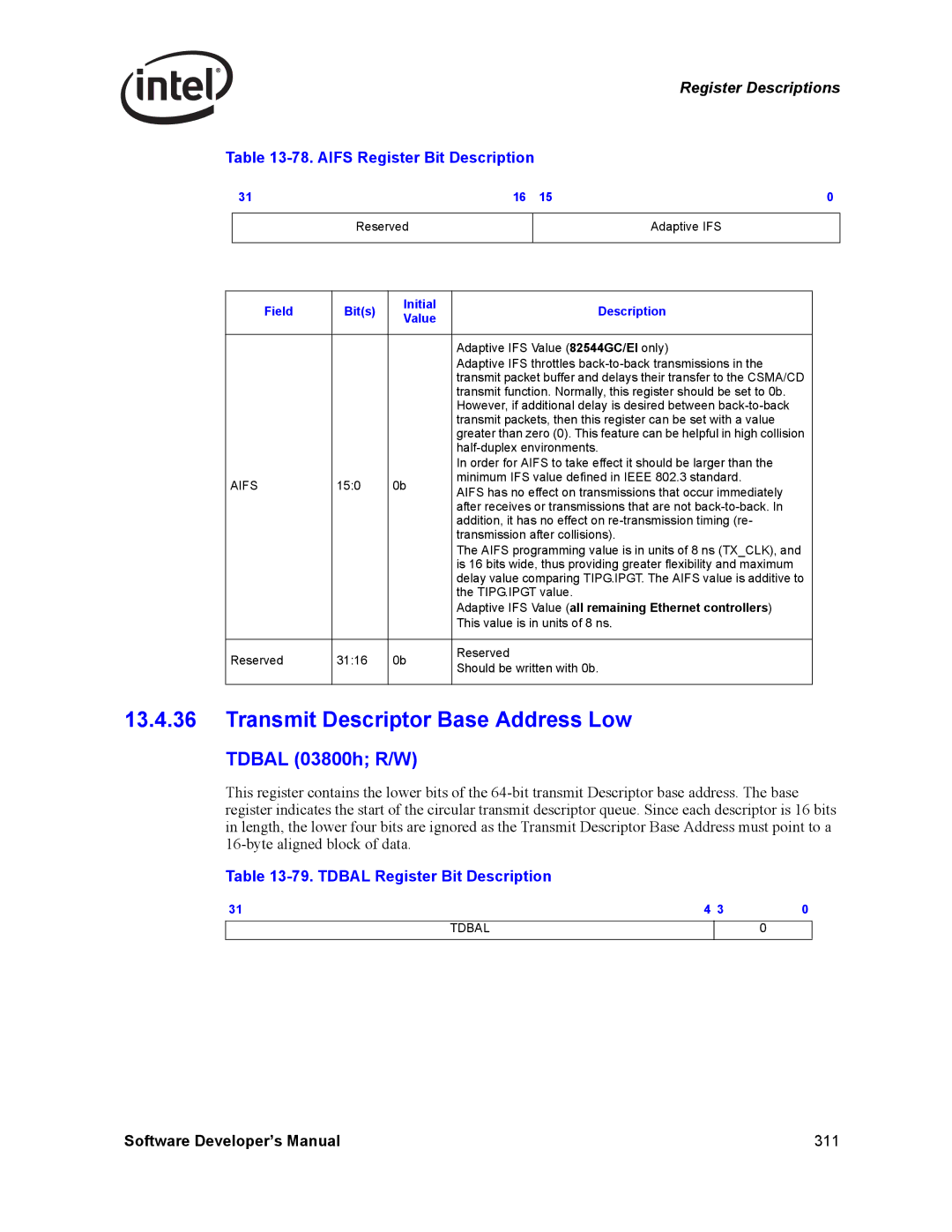 Intel PCI-X manual Transmit Descriptor Base Address Low, Tdbal 03800h R/W, Aifs Register Bit Description 