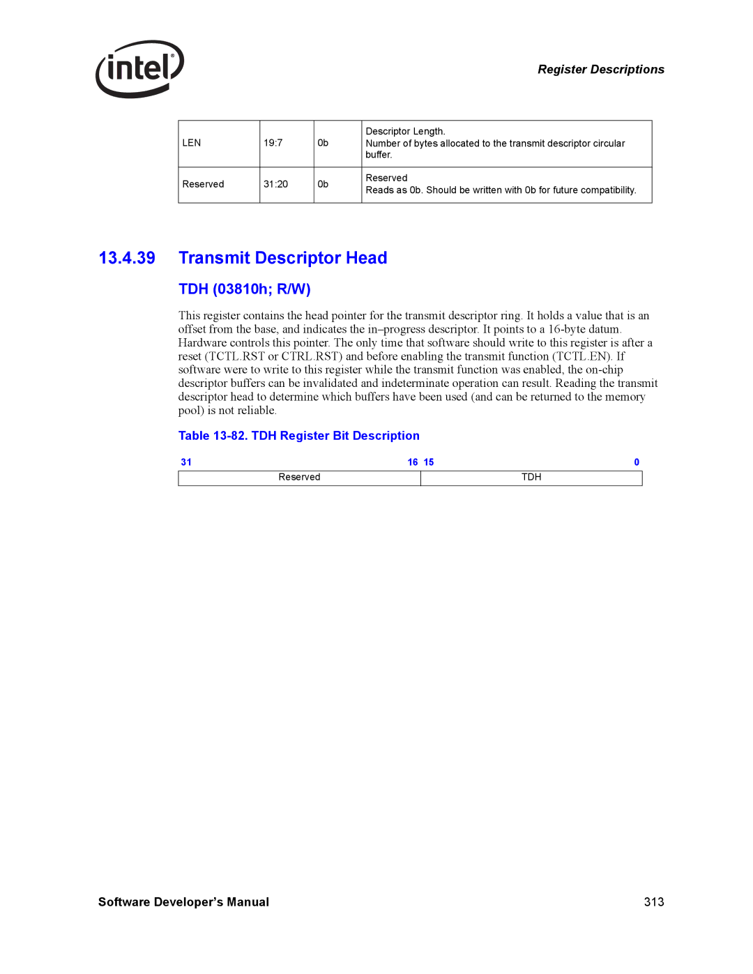 Intel PCI-X, Intel Gigabit Ethernet Controllers Transmit Descriptor Head, TDH 03810h R/W, TDH Register Bit Description 