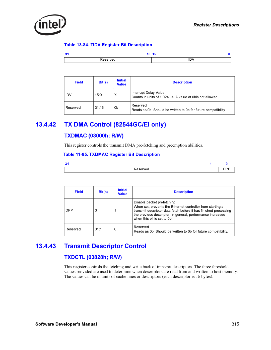 Intel Intel Gigabit Ethernet Controllers TX DMA Control 82544GC/EI only, Transmit Descriptor Control, Txdmac 03000h R/W 