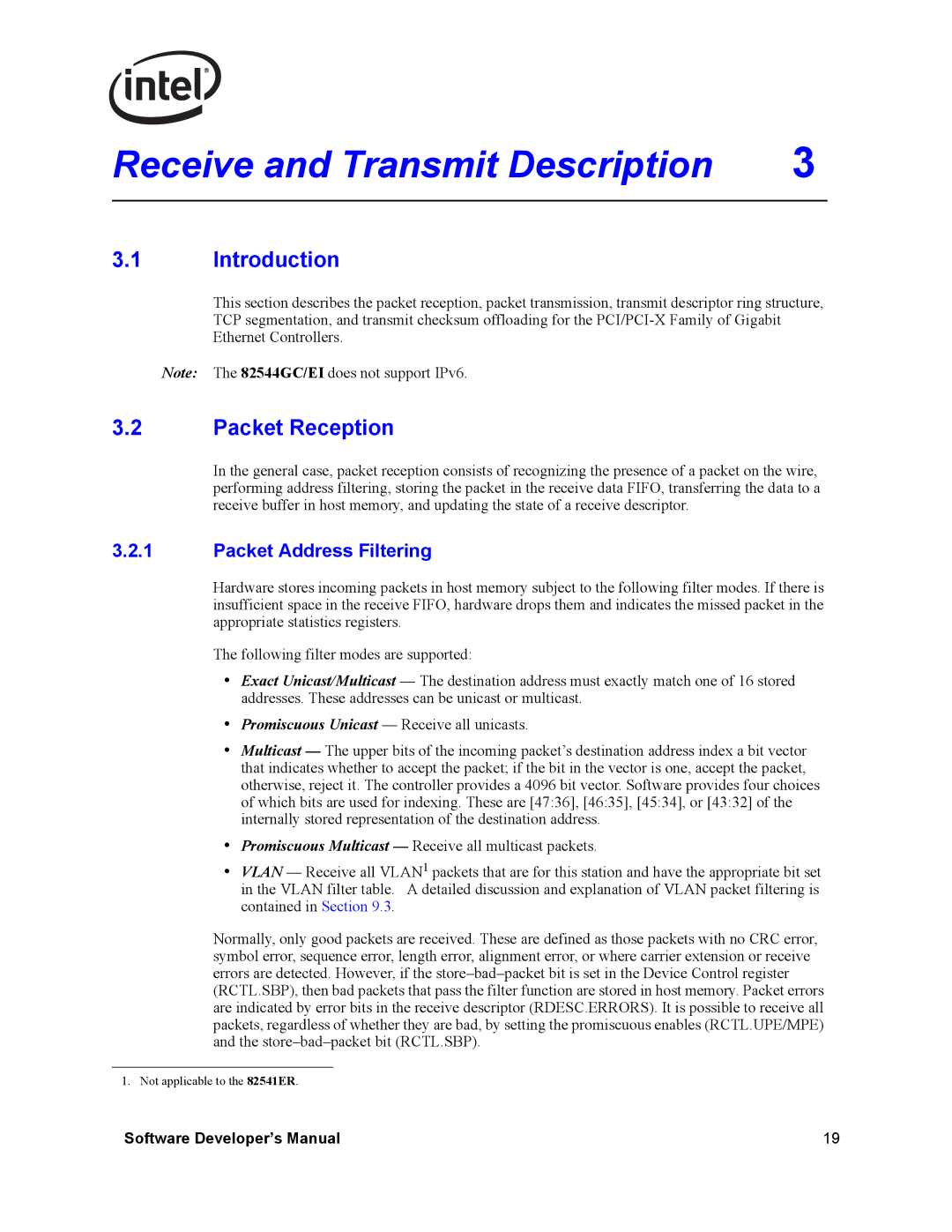 Intel PCI-X, Intel Gigabit Ethernet Controllers manual Introduction, Packet Reception, Packet Address Filtering 