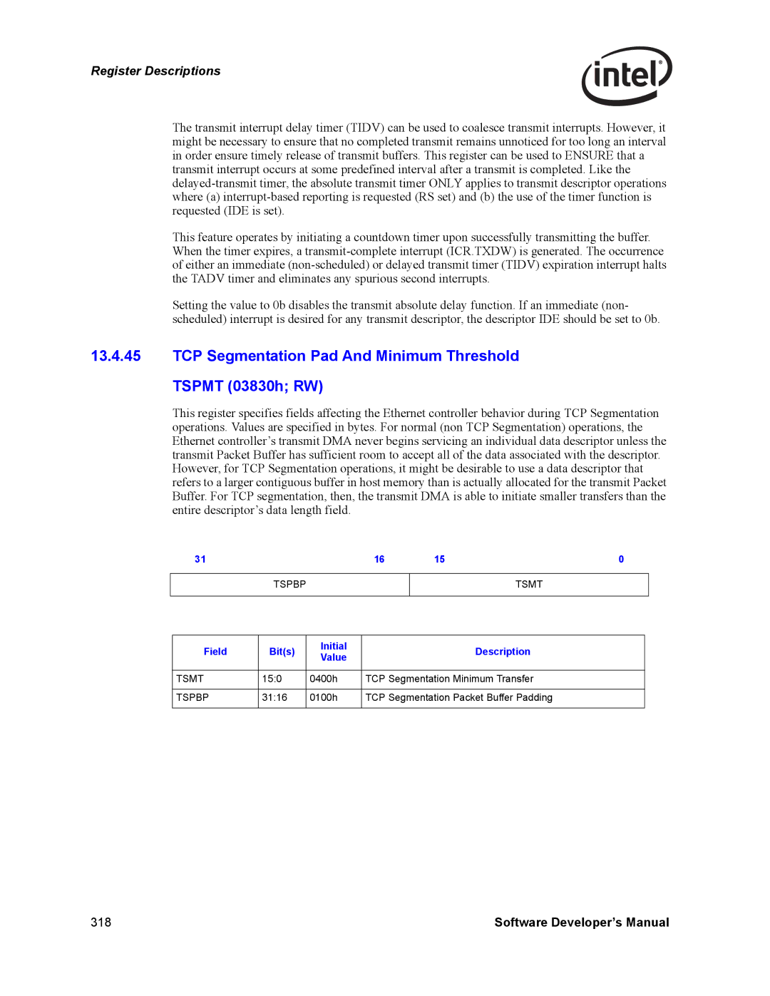 Intel Intel Gigabit Ethernet Controllers, PCI-X TCP Segmentation Pad And Minimum Threshold Tspmt 03830h RW, Tspbp Tsmt 