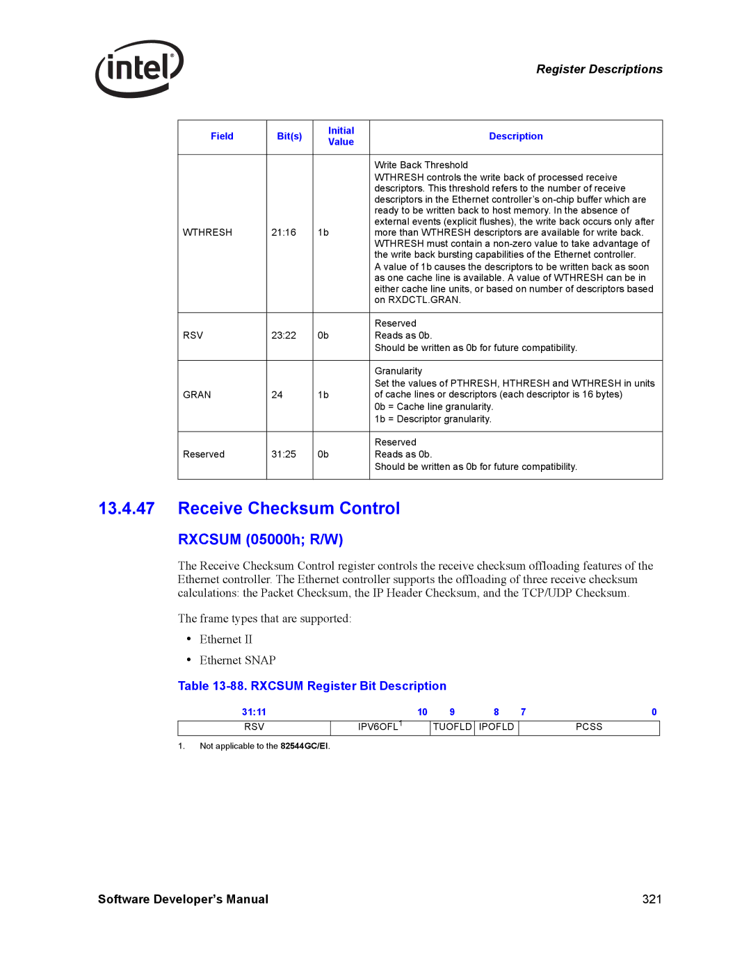 Intel Intel Gigabit Ethernet Controllers, PCI Receive Checksum Control, Rxcsum 05000h R/W, Rxcsum Register Bit Description 