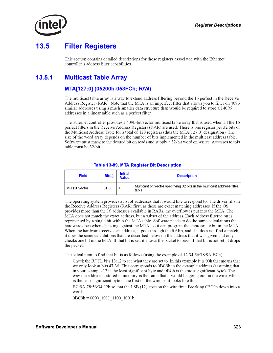 Intel PCI-X manual Filter Registers, Multicast Table Array, MTA1270 05200h-053FCh R/W, MTA Register Bit Description 