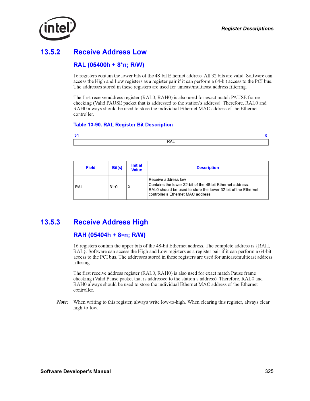 Intel PCI-X manual Receive Address Low, Receive Address High, RAL 05400h + 8*n R/W, RAH 05404h + 8∗n R/W 