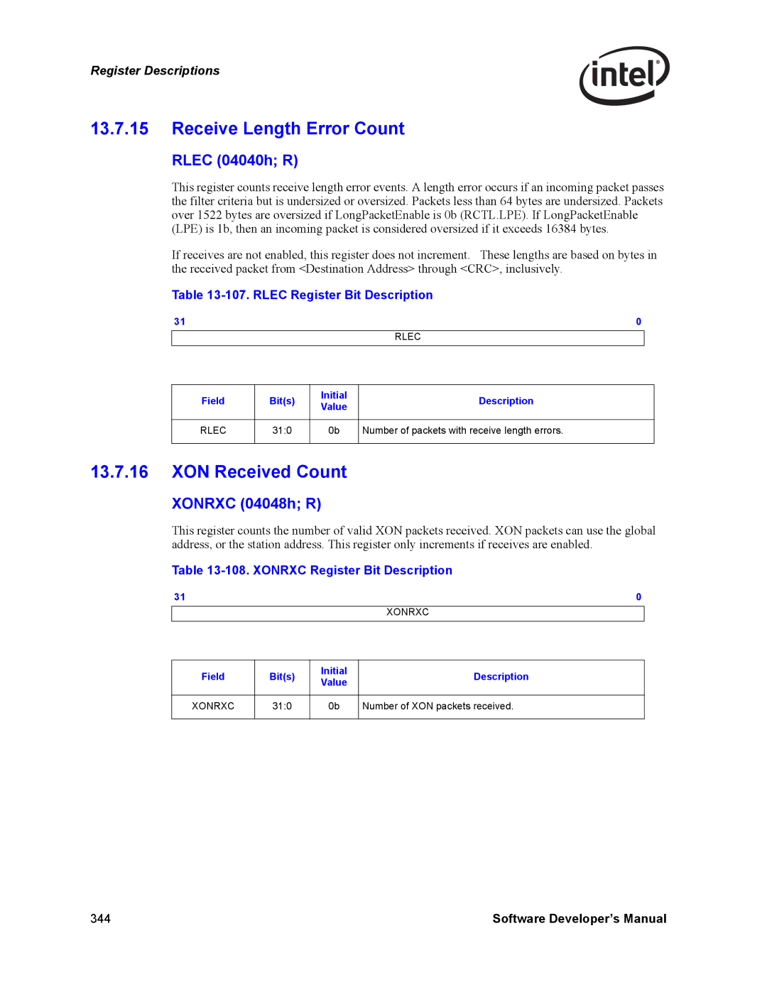 Intel PCI-X manual Receive Length Error Count, XON Received Count, Rlec 04040h R, Xonrxc 04048h R 