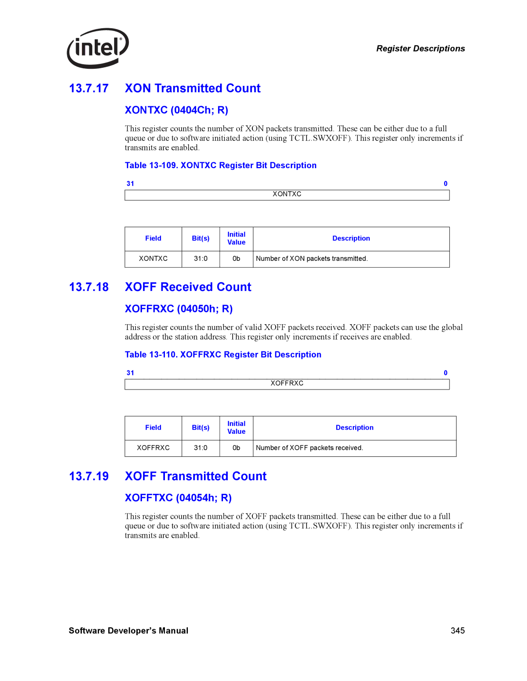 Intel Intel Gigabit Ethernet Controllers, PCI-X manual XON Transmitted Count, Xoff Received Count, Xoff Transmitted Count 