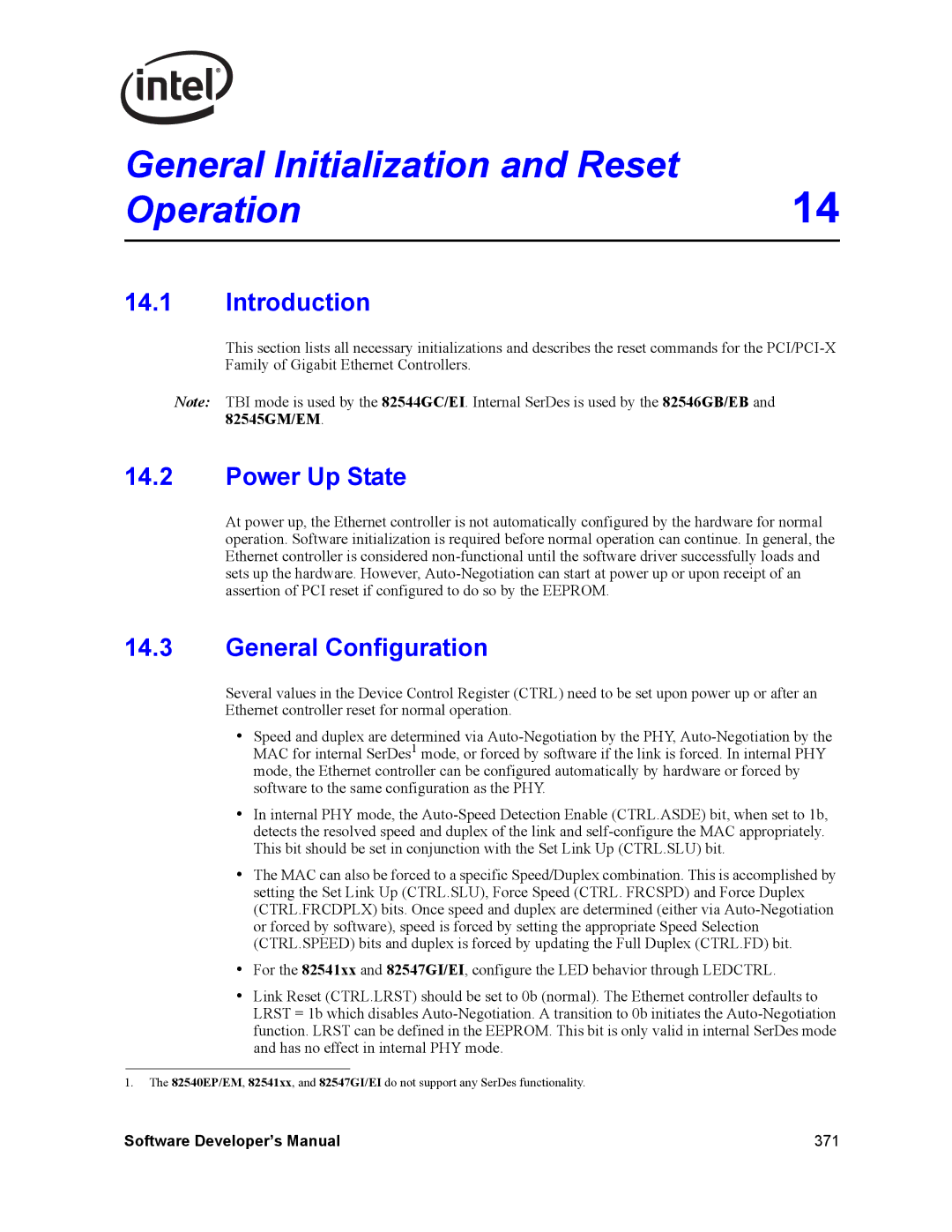 Intel PCI-X, Intel Gigabit Ethernet Controllers manual Power Up State, General Configuration 