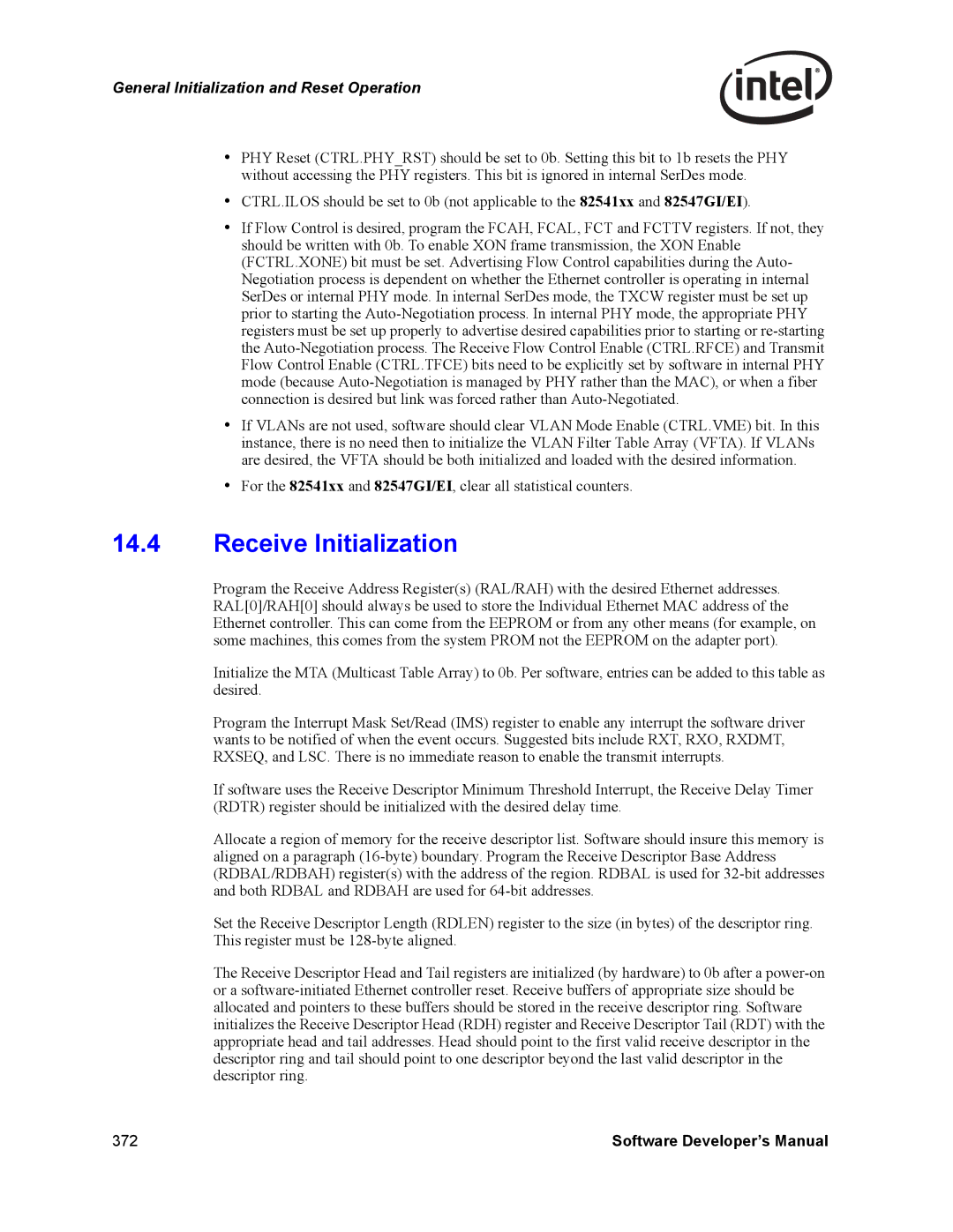 Intel Intel Gigabit Ethernet Controllers, PCI-X manual Receive Initialization, General Initialization and Reset Operation 