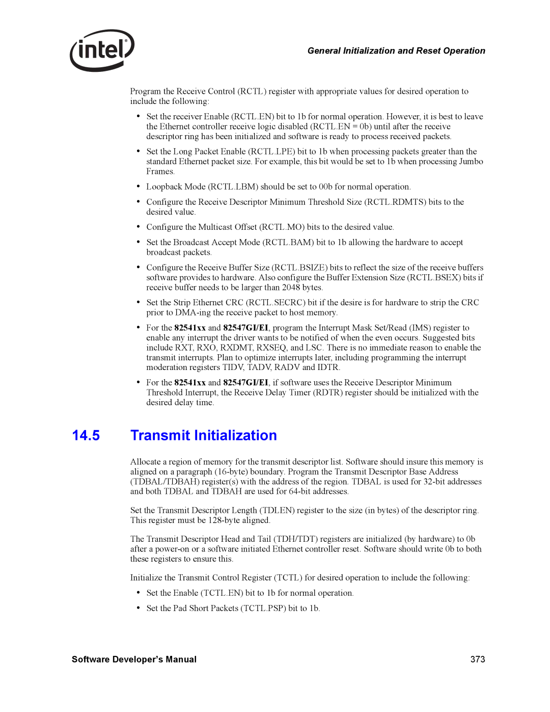 Intel PCI-X, Intel Gigabit Ethernet Controllers manual Transmit Initialization 