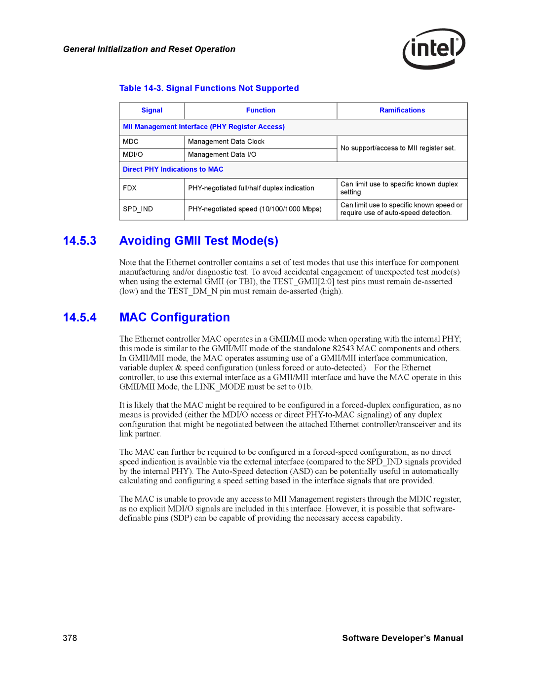 Intel Intel Gigabit Ethernet Controllers, PCI Avoiding Gmii Test Modes MAC Configuration, Signal Functions Not Supported 