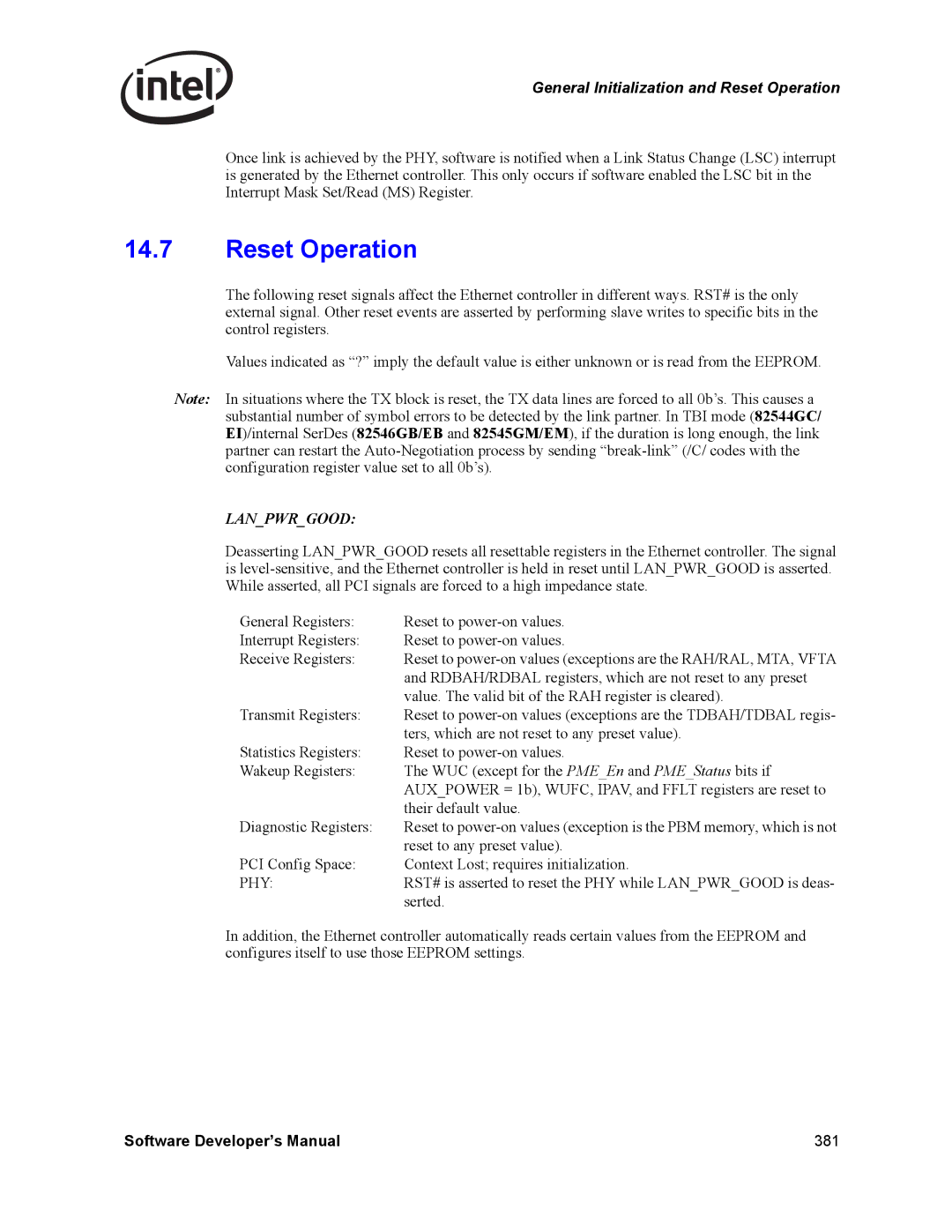 Intel Intel Gigabit Ethernet Controllers, PCI-X manual Reset Operation, Lanpwrgood 