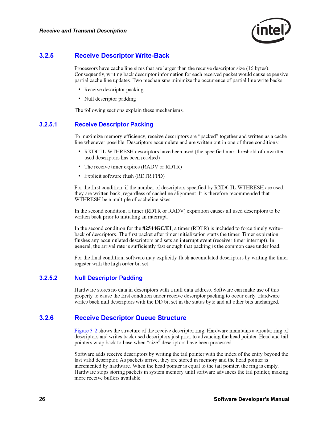 Intel PCI-X manual Receive Descriptor Write-Back, Receive Descriptor Queue Structure, Receive Descriptor Packing 