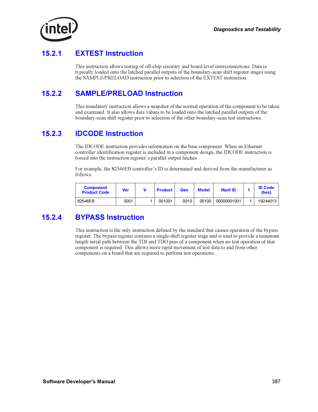 Intel Intel Gigabit Ethernet Controllers, PCI-X manual Extest Instruction, SAMPLE/PRELOAD Instruction, Idcode Instruction 