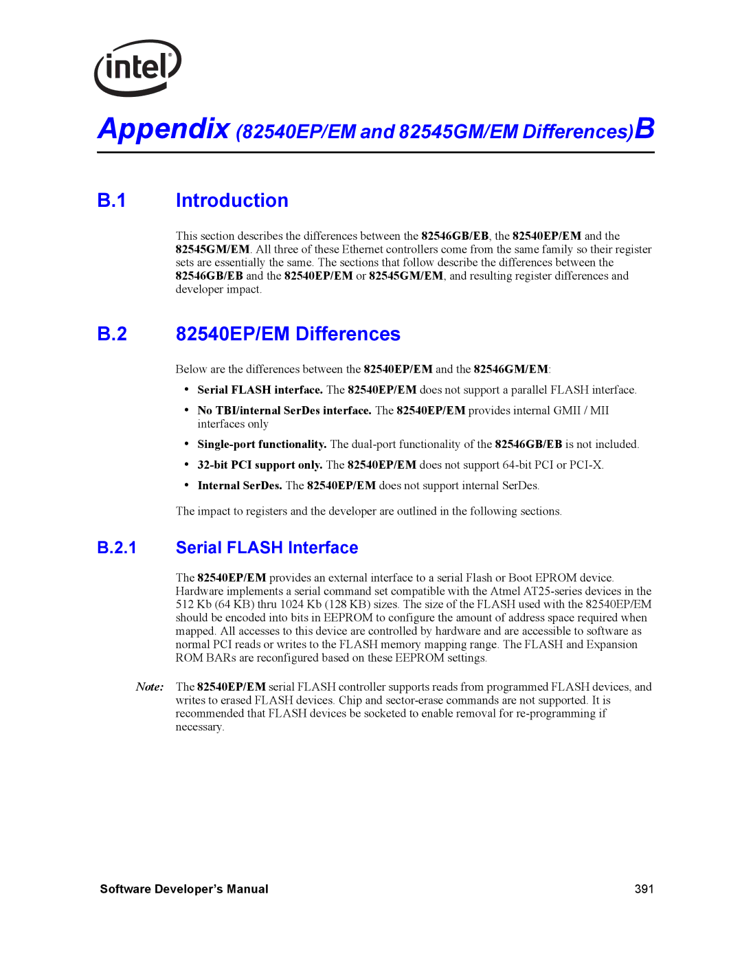 Intel PCI-X, Intel Gigabit Ethernet Controllers manual 82540EP/EM Differences, Serial Flash Interface 