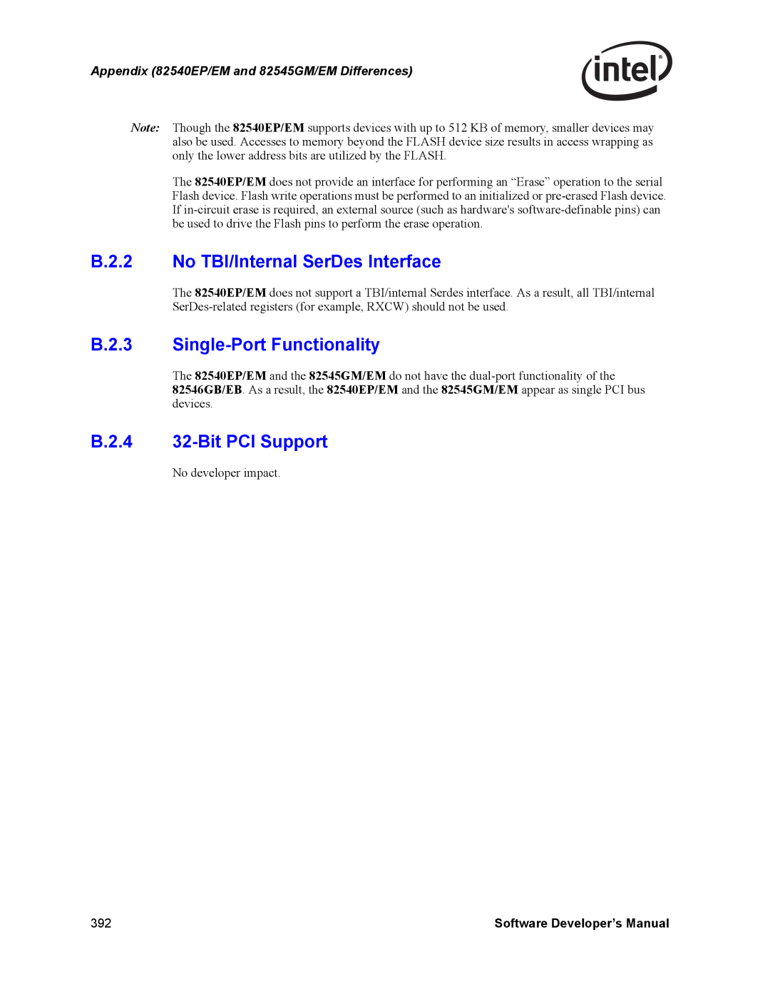 Intel PCI-X manual No TBI/Internal SerDes Interface, Single-Port Functionality, 4 32-Bit PCI Support 