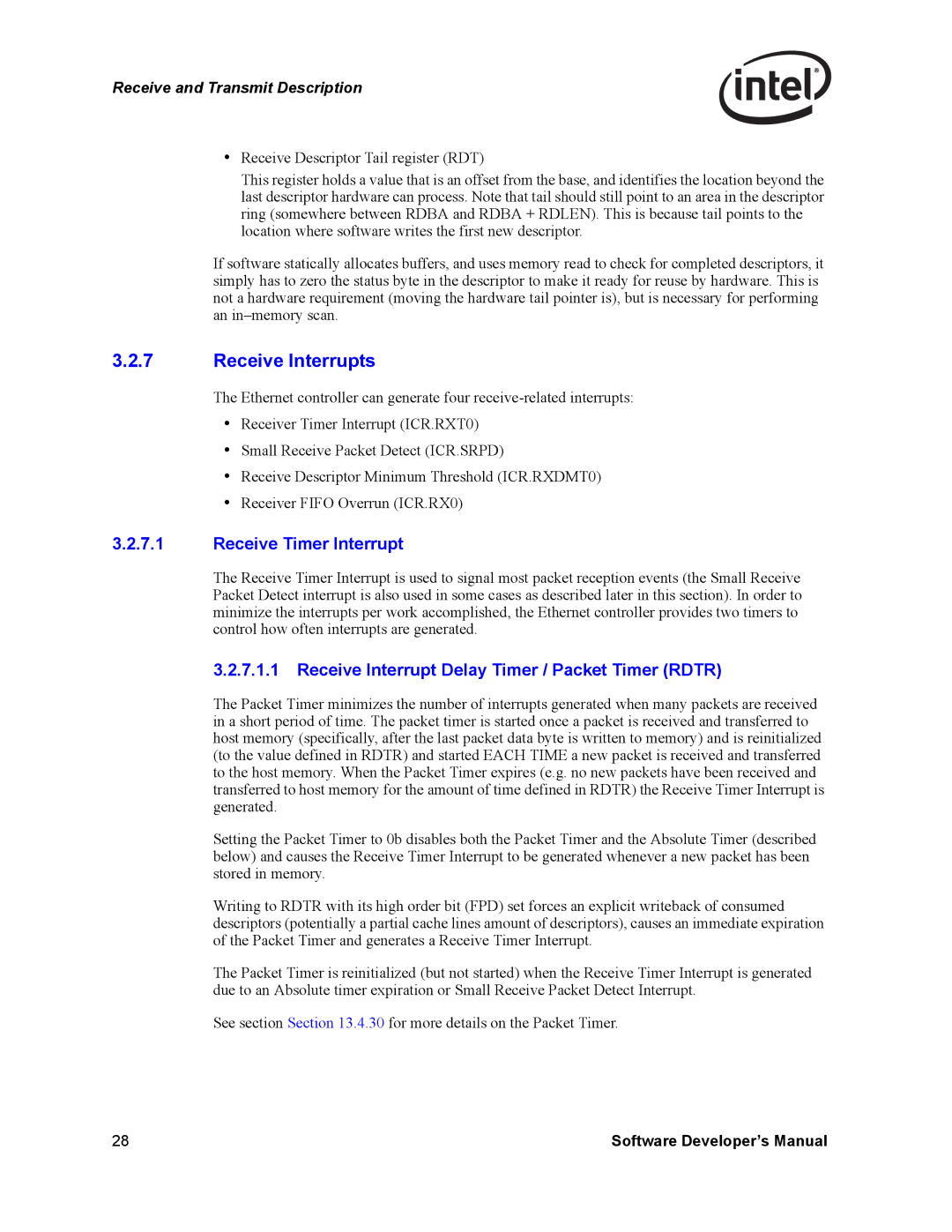 Intel PCI-X manual Receive Interrupts, Receive Timer Interrupt, Receive Interrupt Delay Timer / Packet Timer Rdtr 