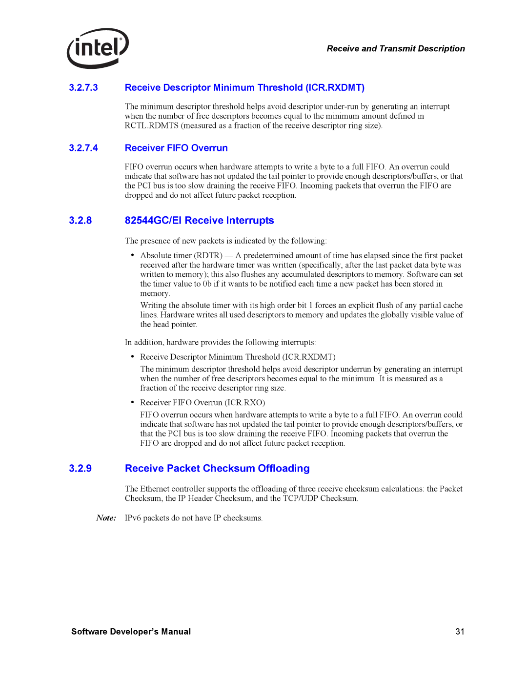 Intel PCI-X manual 8 82544GC/EI Receive Interrupts, Receive Packet Checksum Offloading, Receiver Fifo Overrun 