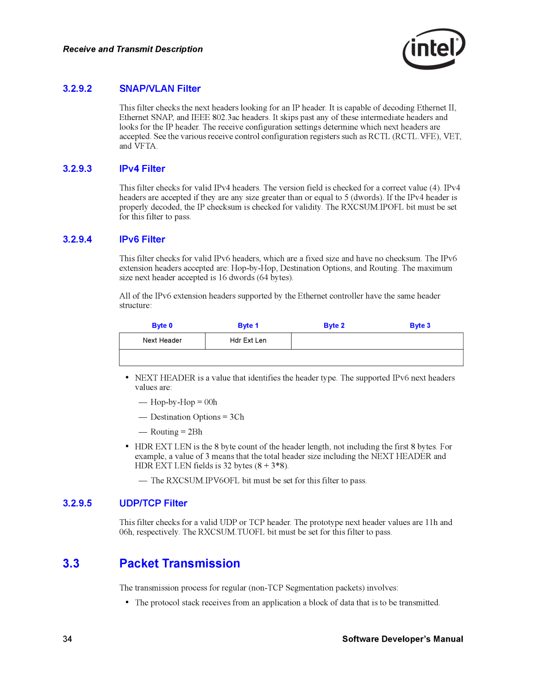 Intel PCI-X manual Packet Transmission, SNAP/VLAN Filter, 9.3 IPv4 Filter, 9.4 IPv6 Filter, 9.5 UDP/TCP Filter 