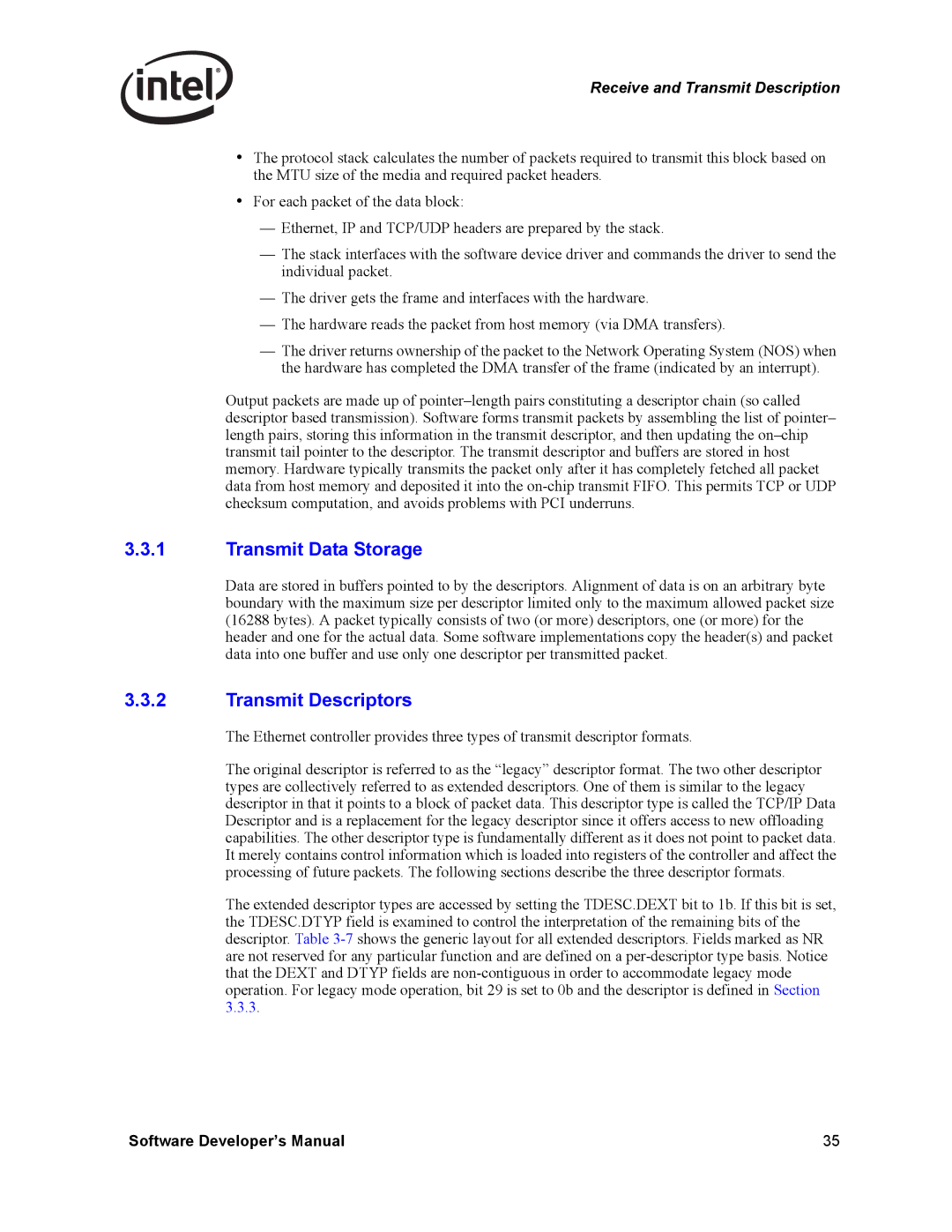 Intel PCI-X, Intel Gigabit Ethernet Controllers manual Transmit Data Storage, Transmit Descriptors 