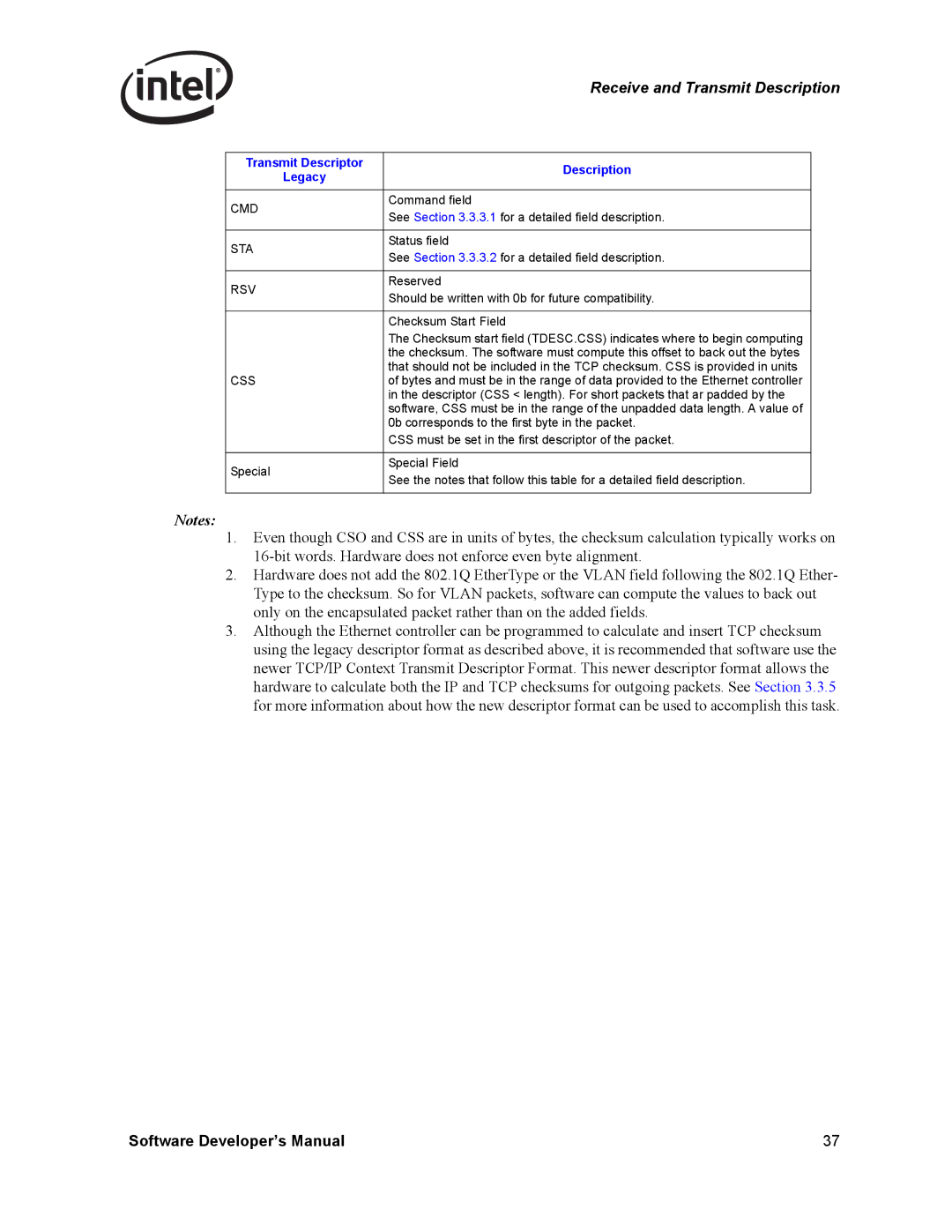 Intel PCI-X, Intel Gigabit Ethernet Controllers manual Transmit Descriptor Description Legacy, Cmd, Sta, Css 