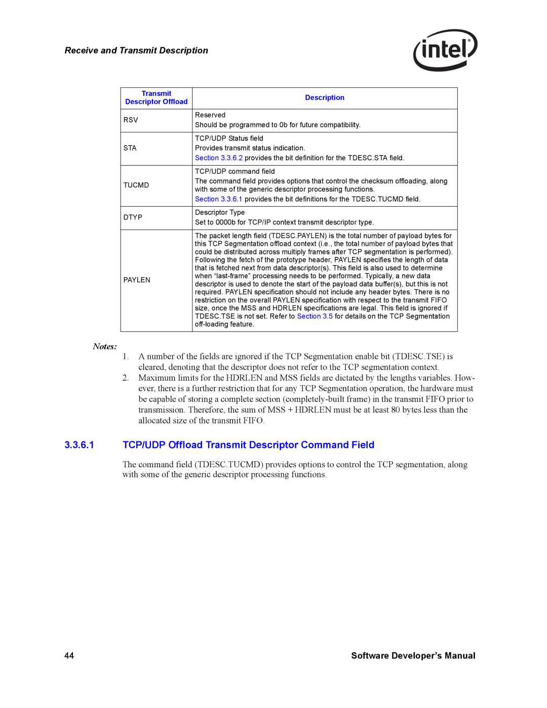 Intel PCI-X manual 6.1 TCP/UDP Offload Transmit Descriptor Command Field, Transmit Description, Tucmd, Dtyp, Paylen 