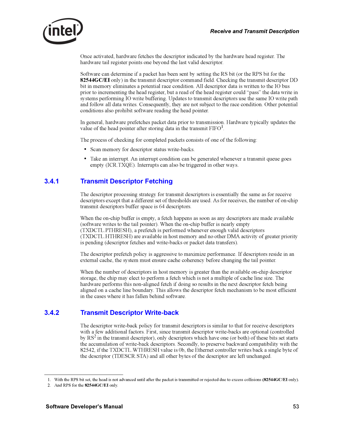 Intel PCI-X, Intel Gigabit Ethernet Controllers manual Transmit Descriptor Fetching, Transmit Descriptor Write-back 