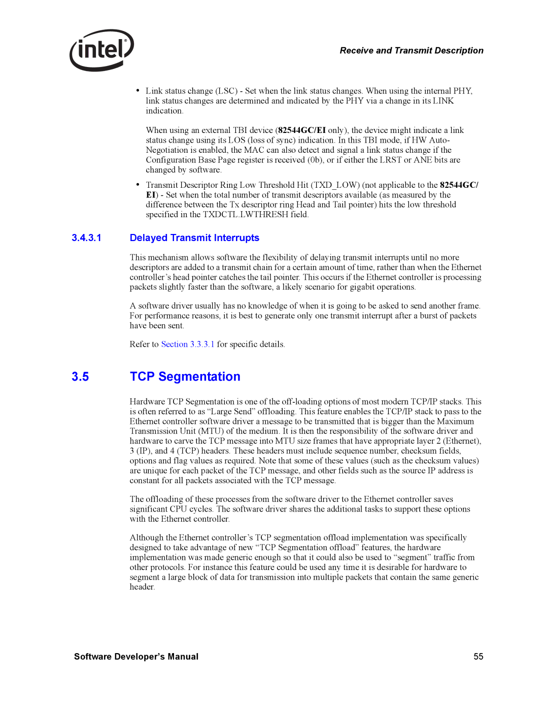 Intel PCI-X, Intel Gigabit Ethernet Controllers manual TCP Segmentation, Delayed Transmit Interrupts 