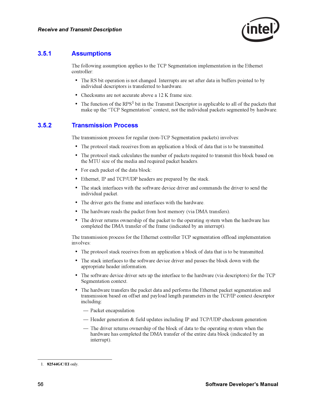 Intel PCI-X, Intel Gigabit Ethernet Controllers manual Assumptions, Transmission Process 