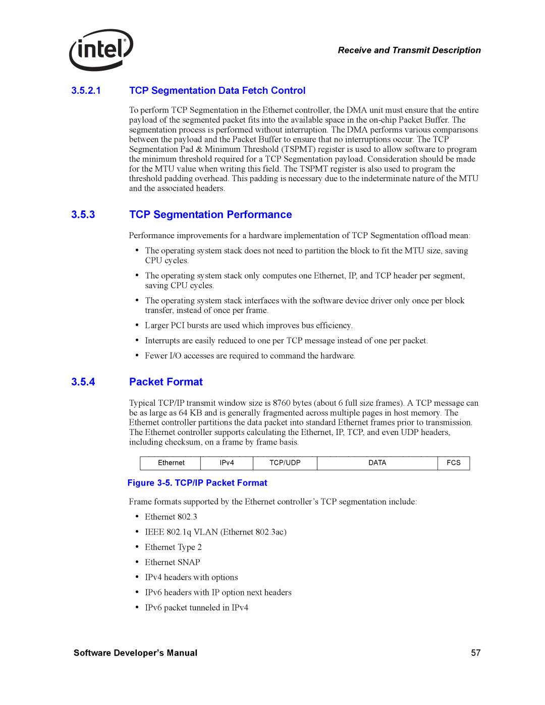 Intel Intel Gigabit Ethernet Controllers TCP Segmentation Performance, Packet Format, TCP Segmentation Data Fetch Control 