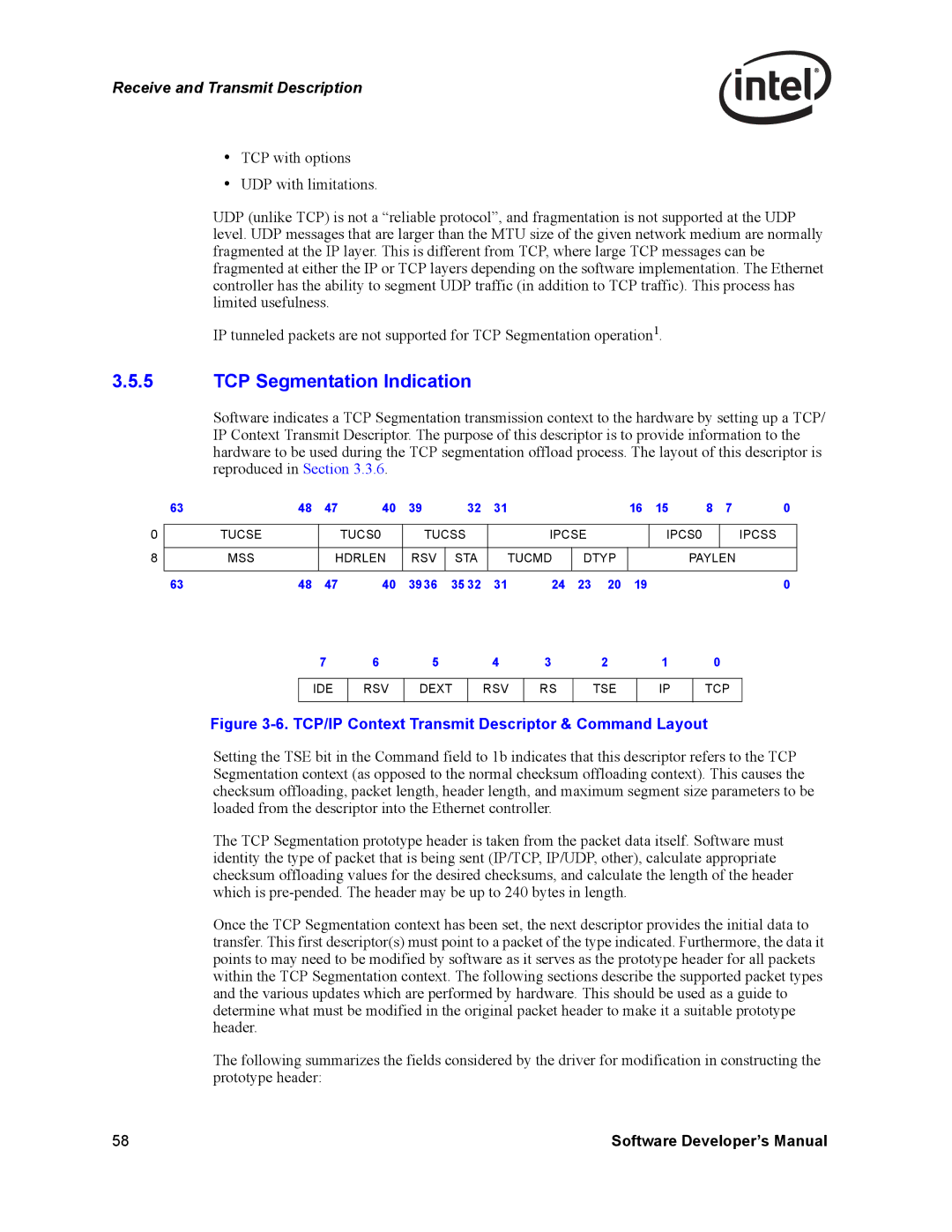 Intel PCI-X, Intel Gigabit Ethernet Controllers manual TCP Segmentation Indication, 3936 