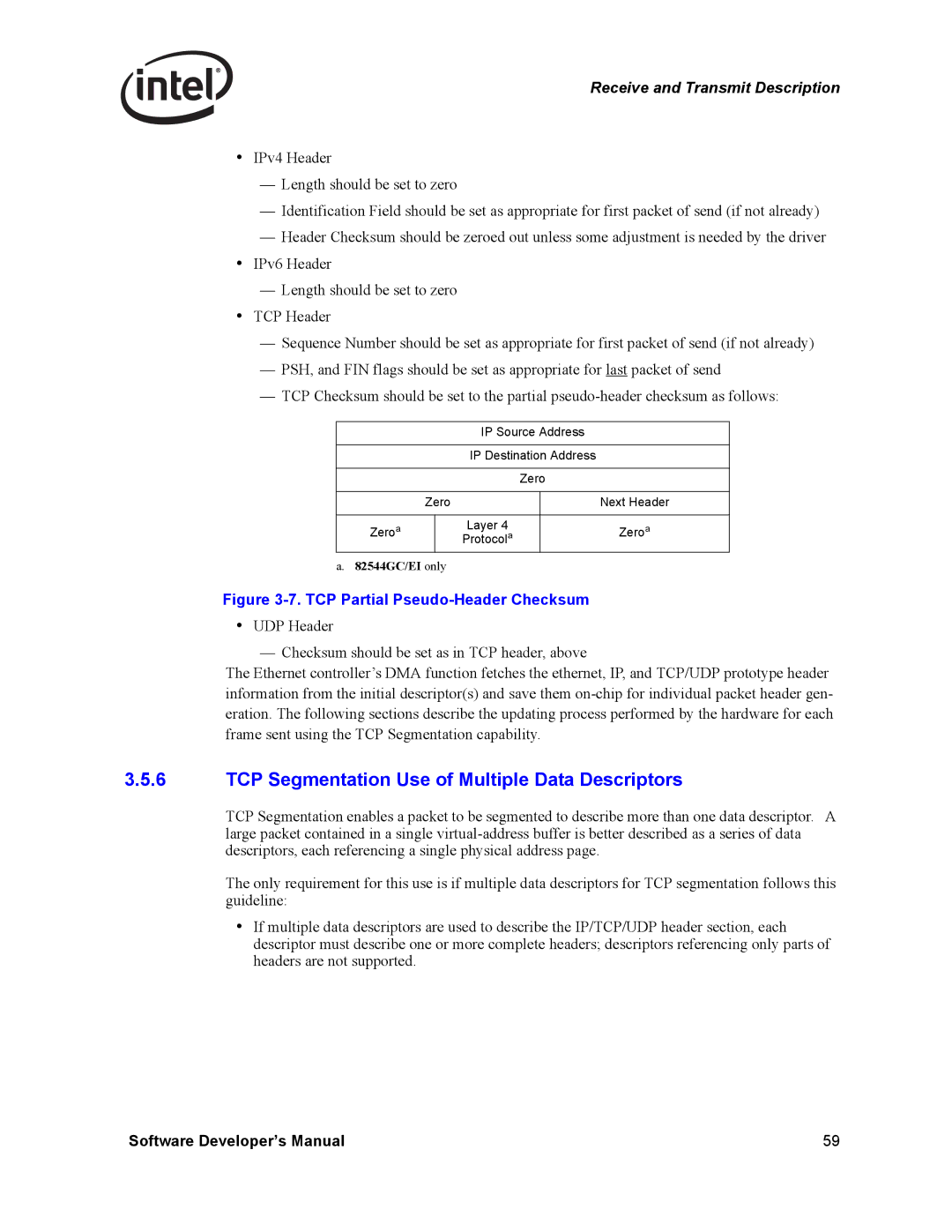 Intel PCI-X manual TCP Segmentation Use of Multiple Data Descriptors, TCP Partial Pseudo-Header Checksum 