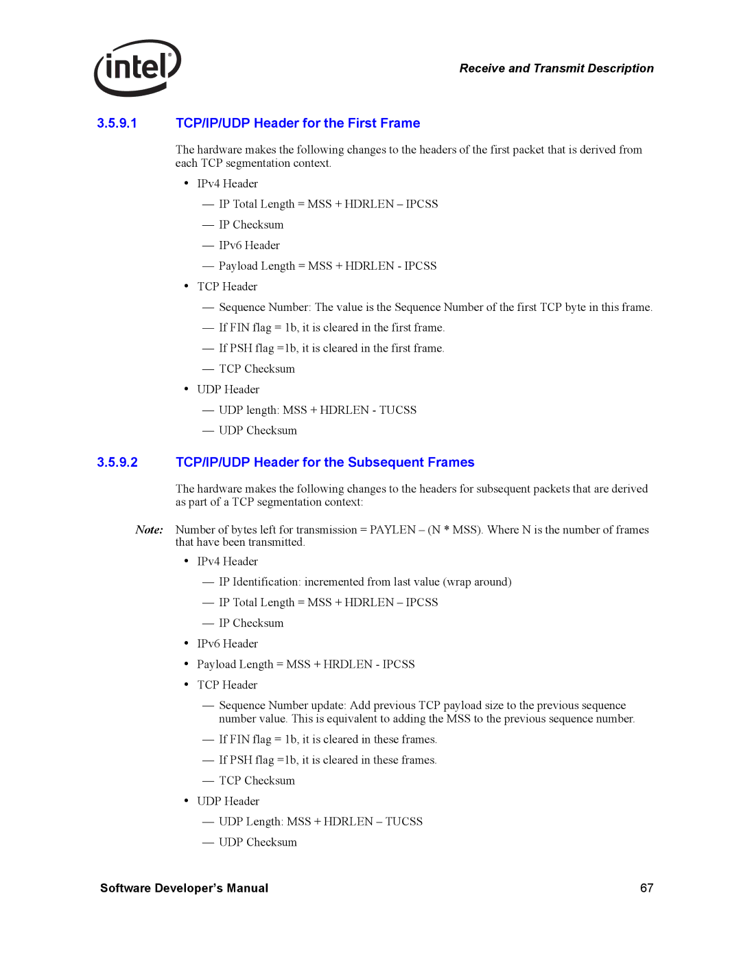 Intel PCI-X manual 9.1 TCP/IP/UDP Header for the First Frame, 9.2 TCP/IP/UDP Header for the Subsequent Frames 