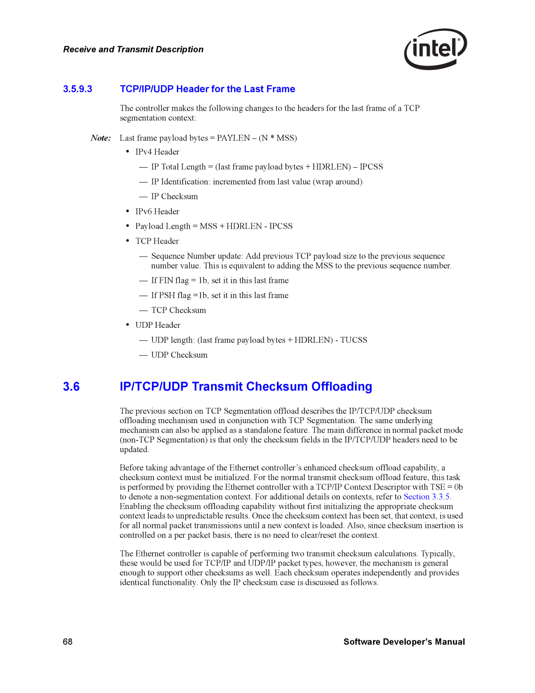 Intel PCI-X manual IP/TCP/UDP Transmit Checksum Offloading, 9.3 TCP/IP/UDP Header for the Last Frame 