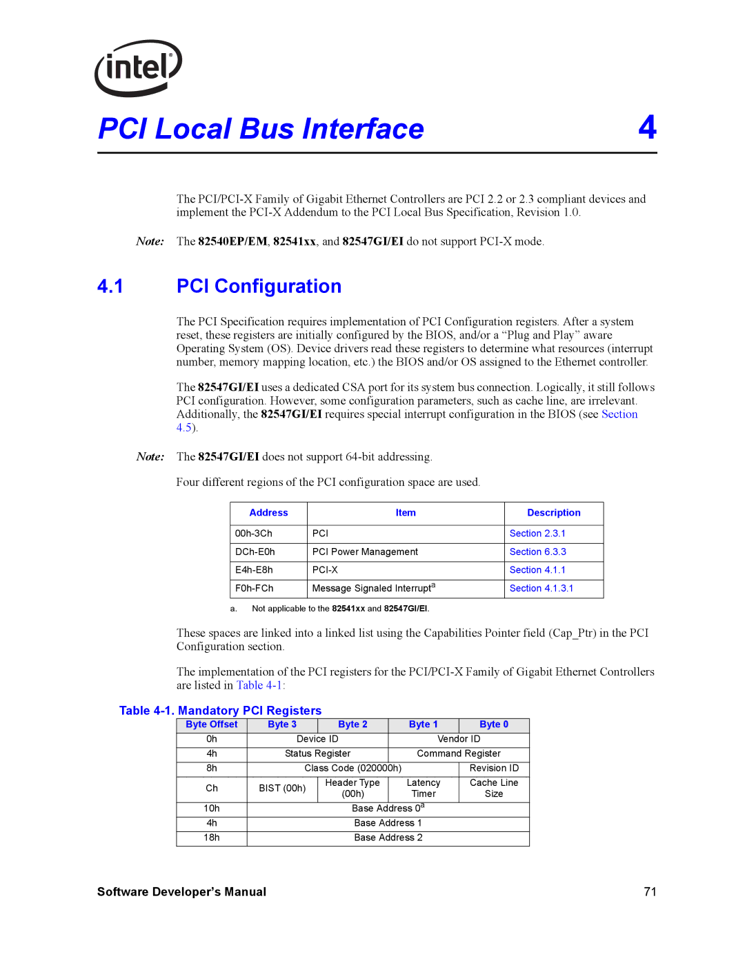 Intel PCI-X, Intel Gigabit Ethernet Controllers PCI Configuration, Mandatory PCI Registers, Address Description, Pci-X 