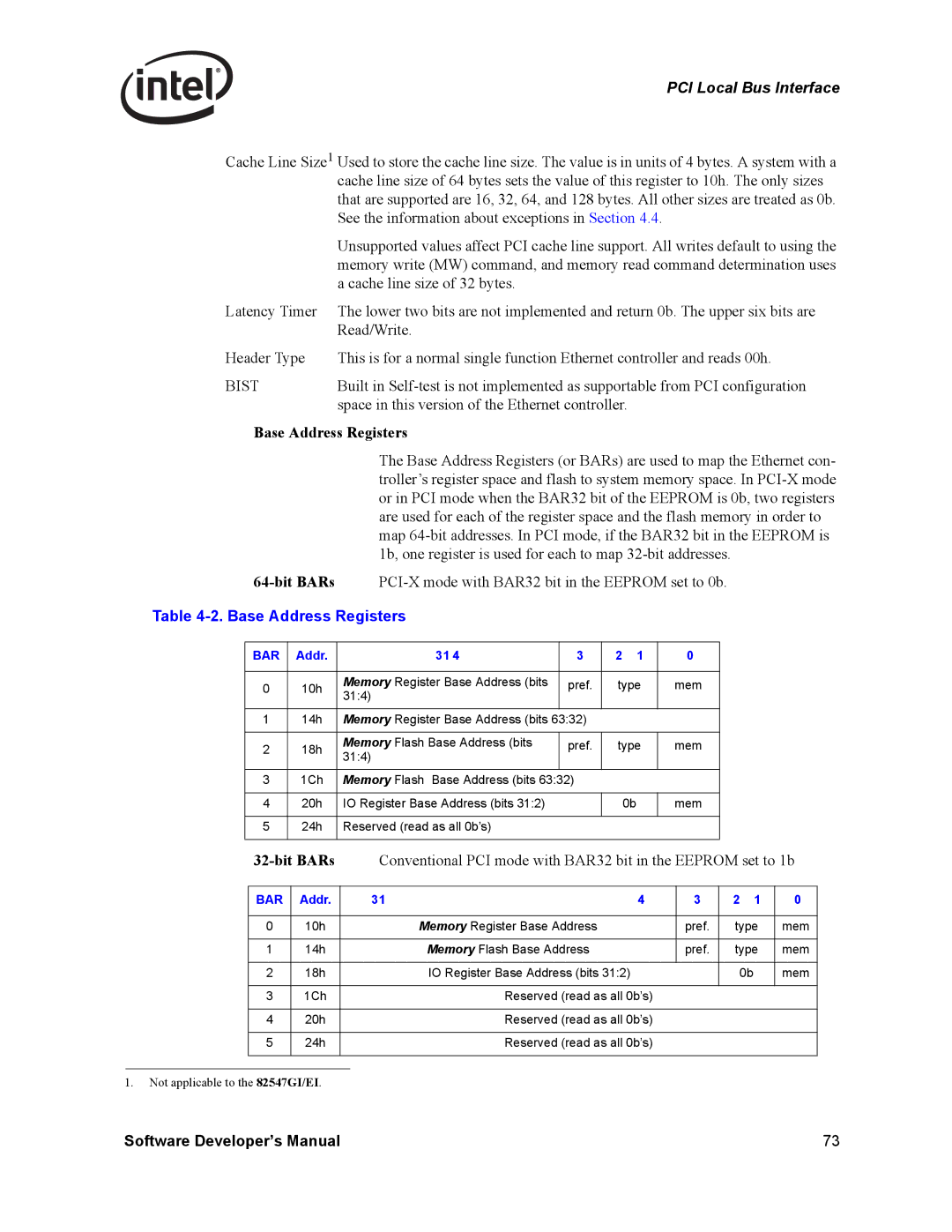 Intel PCI-X, Intel Gigabit Ethernet Controllers manual Base Address Registers 