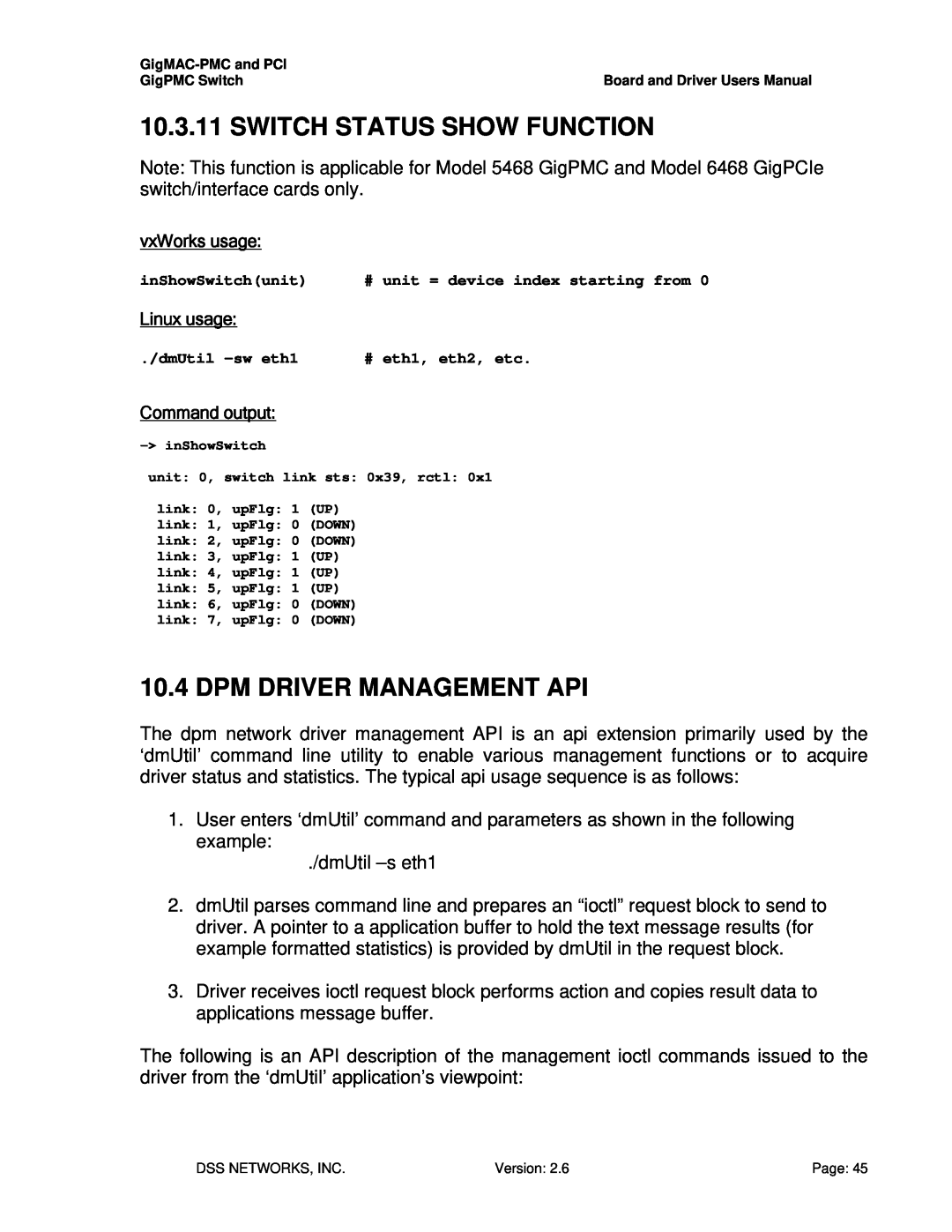 Intel PCI-X user manual Switch Status Show Function, Dpm Driver Management Api 