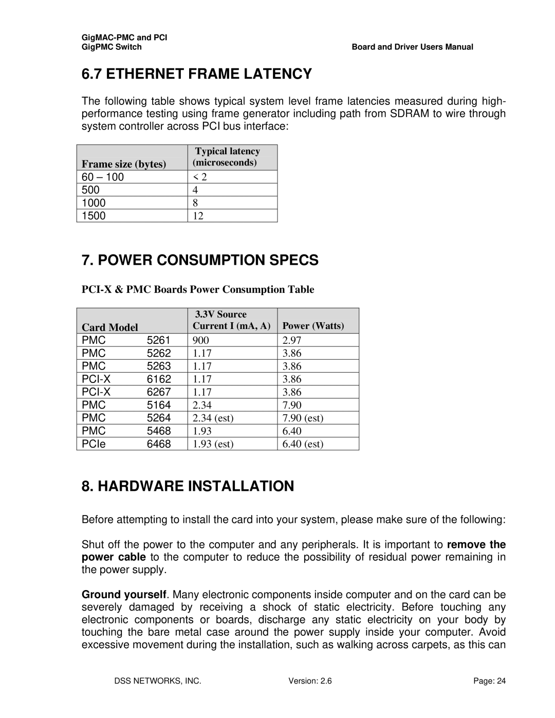 Intel PCI-X user manual Ethernet Frame Latency, Power Consumption Specs, Hardware Installation 