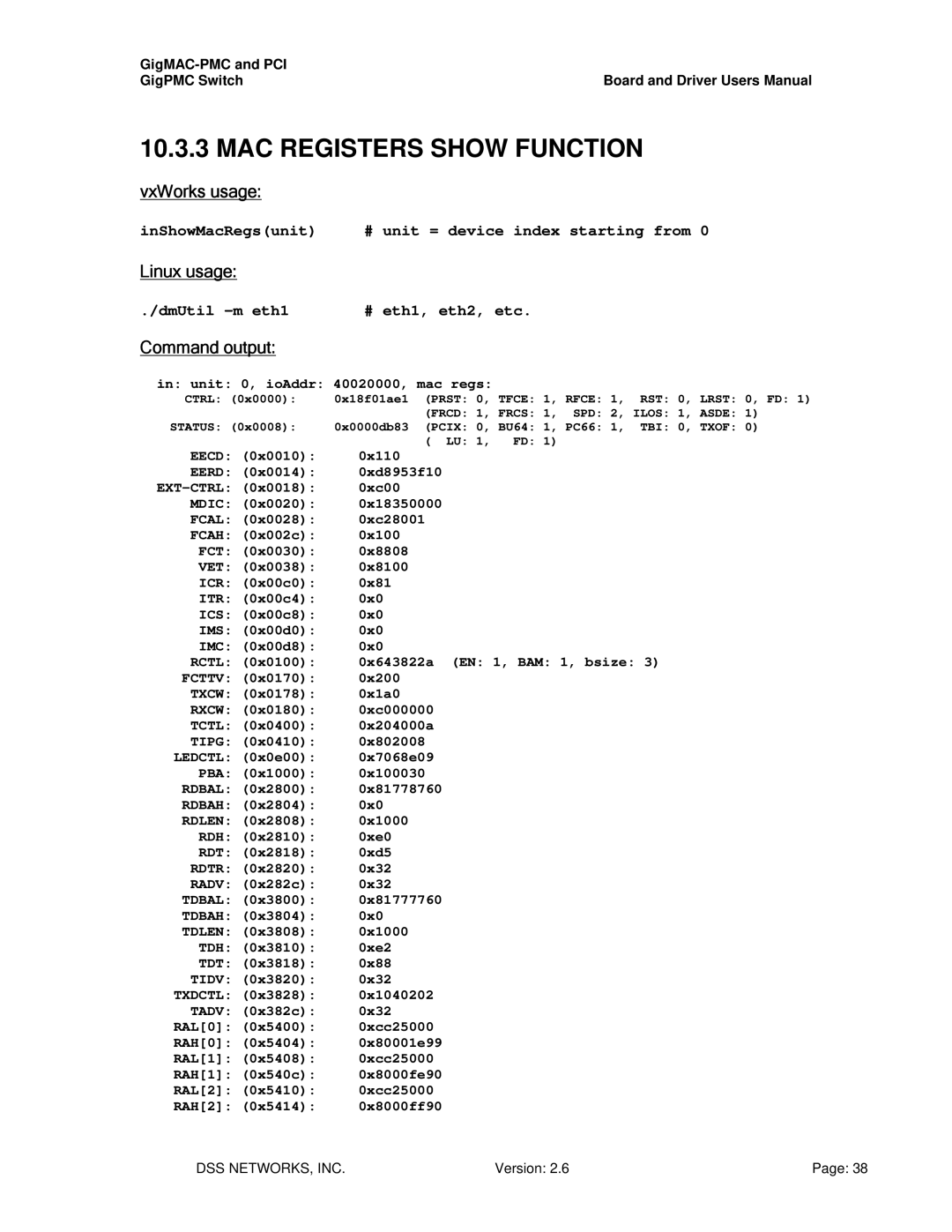 Intel PCI-X user manual MAC Registers Show Function, Unit 0, ioAddr 40020000, mac regs 