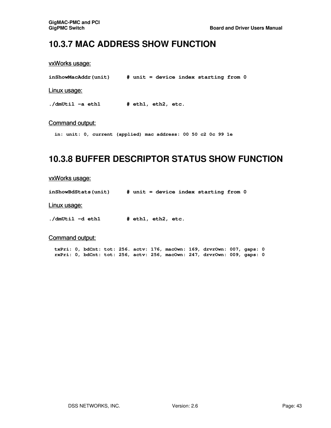 Intel PCI-X user manual MAC Address Show Function, Buffer Descriptor Status Show Function 