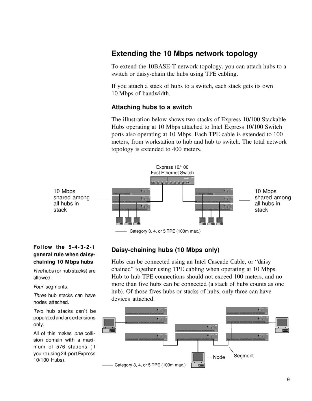 Intel PCLA2152B manual Extending the 10 Mbps network topology, Attaching hubs to a switch, Daisy-chaining hubs 10 Mbps only 