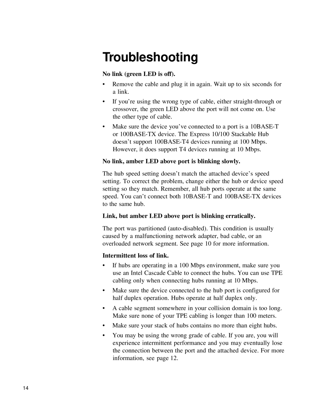 Intel PCLA2152B manual Troubleshooting, No link green LED is off, No link, amber LED above port is blinking slowly 