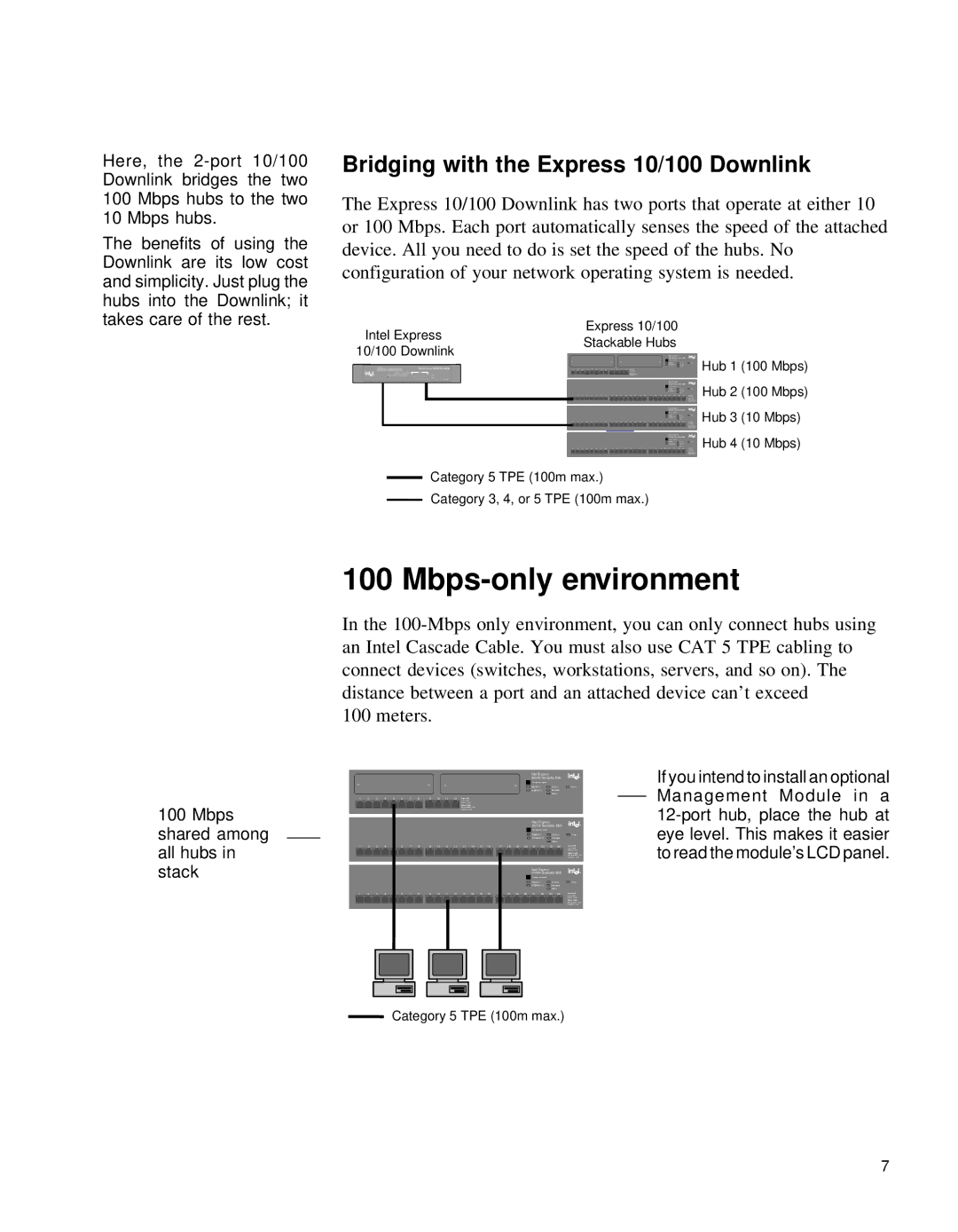 Intel PCLA2152B manual Mbps-only environment, Bridging with the Express 10/100 Downlink 