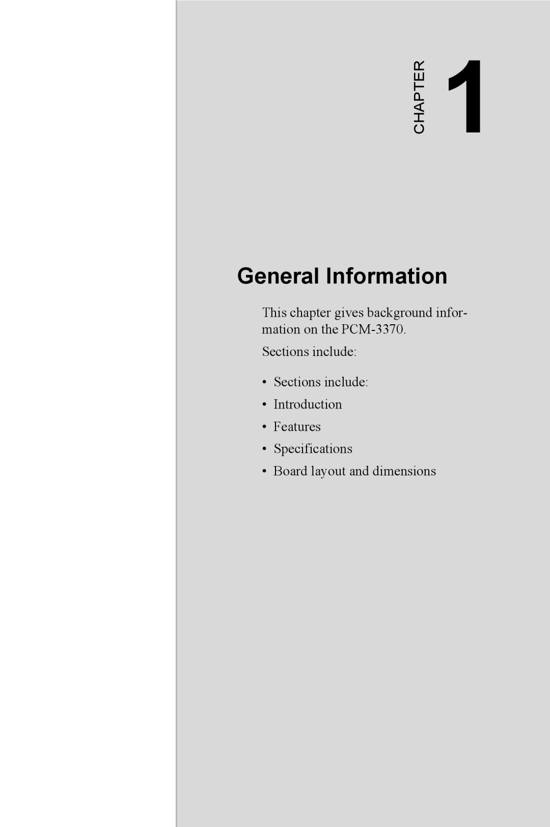 Intel PCM-3370 user manual General Information, Chapter 