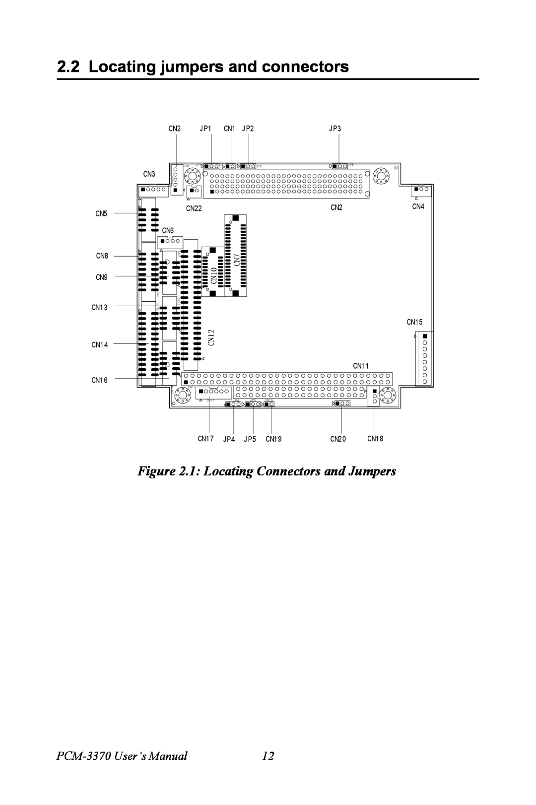 Intel user manual Locating jumpers and connectors, 1 Locating Connectors and Jumpers, PCM-3370 User’s Manual 