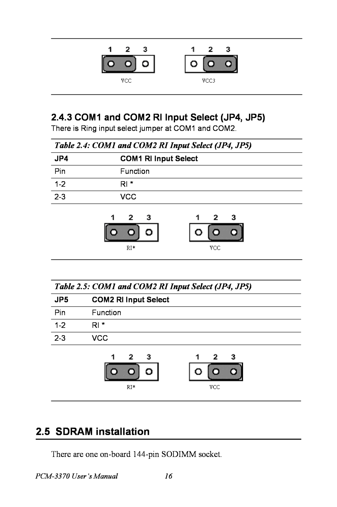 Intel PCM-3370 SDRAM installation, 2.4.3 COM1 and COM2 RI Input Select JP4, JP5, 4 COM1 and COM2 RI Input Select JP4, JP5 