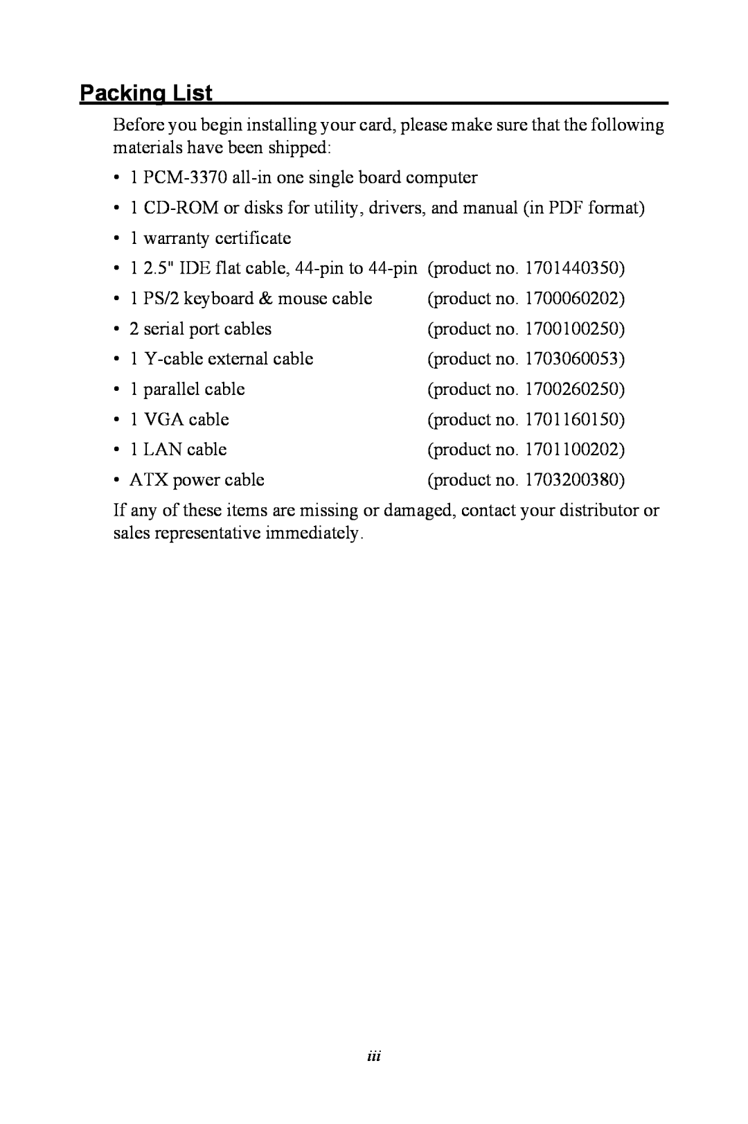 Intel PCM-3370 user manual Packing List 