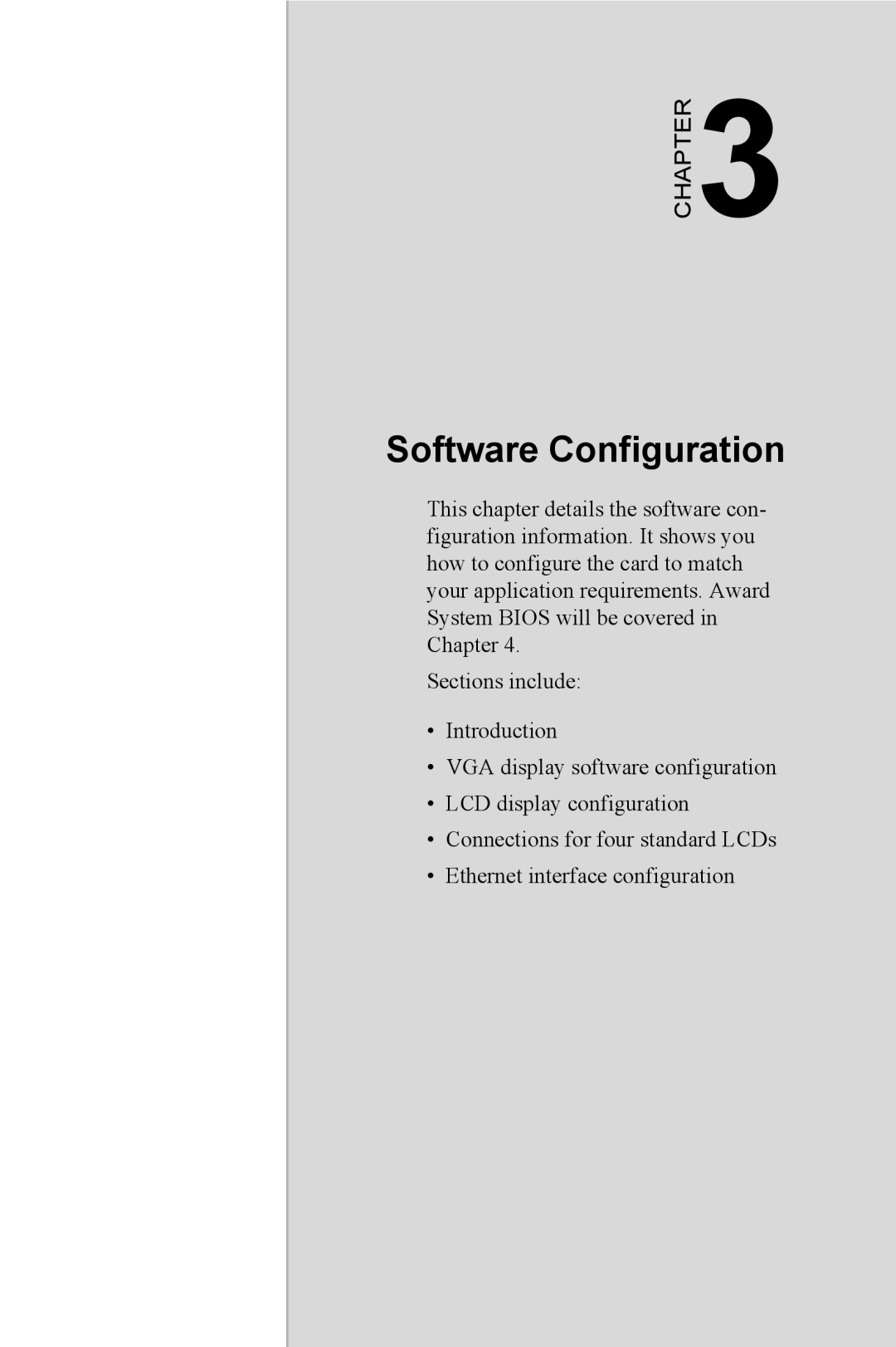 Intel PCM-3370 Software Configuration, Chapter, Sections include Introduction VGA display software configuration 