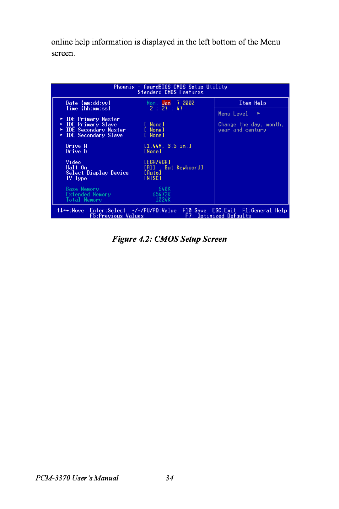 Intel user manual 2 CMOS Setup Screen, PCM-3370 User’s Manual 