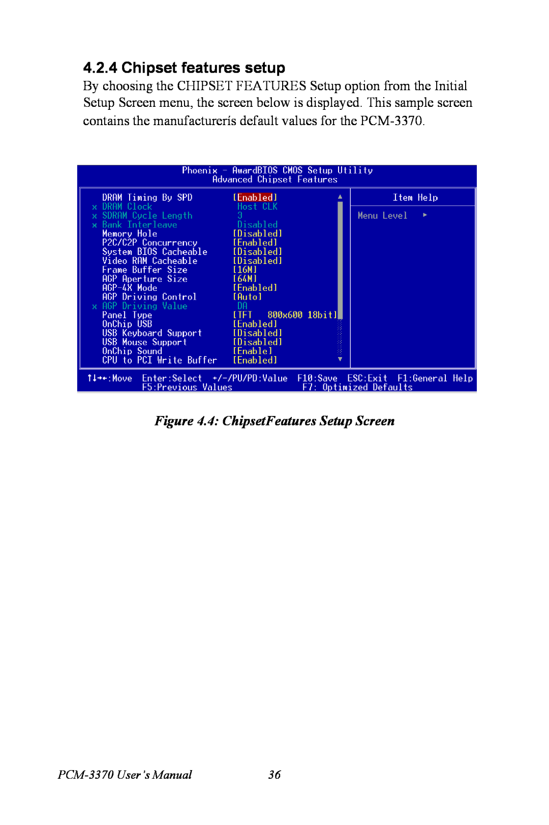 Intel user manual Chipset features setup, 4 ChipsetFeatures Setup Screen, PCM-3370 User’s Manual 