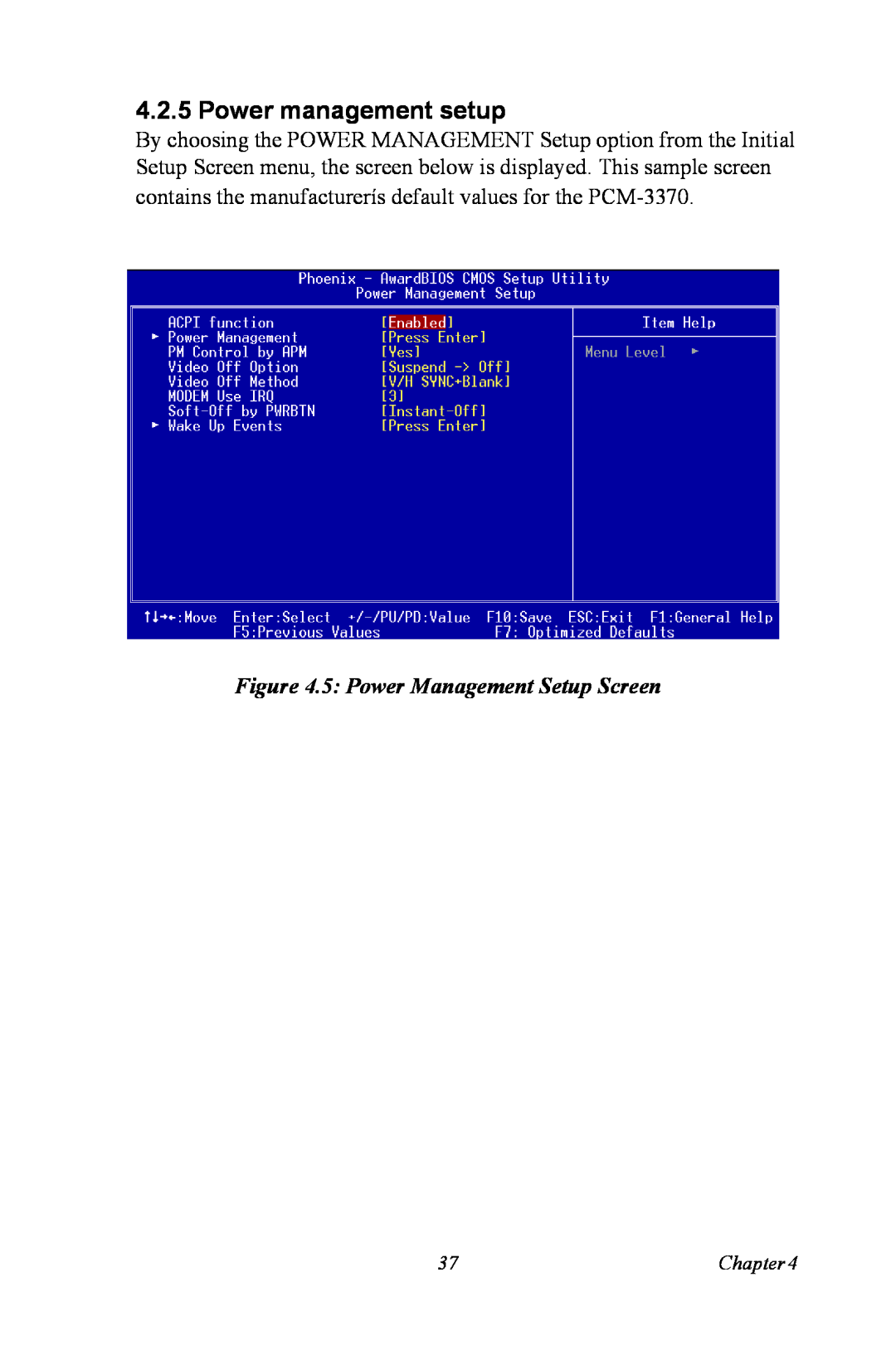Intel PCM-3370 user manual Power management setup, 5 Power Management Setup Screen 